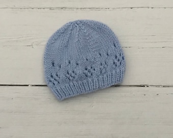 Blue knitted newborn hospital hat