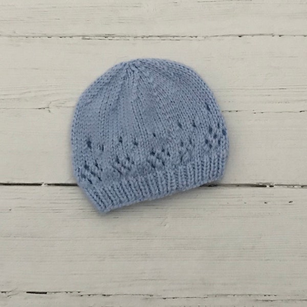 Blue knitted newborn hospital hat
