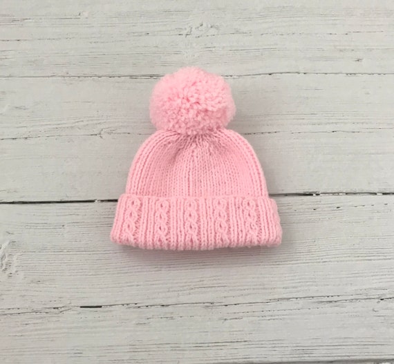 Pink Knitted Baby Hat Girl Bobble Hat Newborn Girl Hat Baby