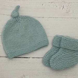 Sea foam blue hand knitted hat and booties for baby available in two sizes