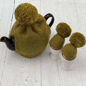 Mistletoe green hand knitted gift set-tea cosy with egg cosies