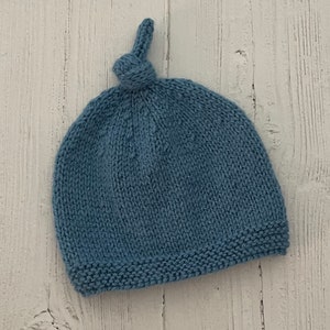 Blue knitted beanie hat for newborn, handmade gift for baby boy