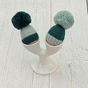 Teal and duck egg pom pom egg cosy gift set, boiled egg covers, new house gift, wool anniversary gift for couple