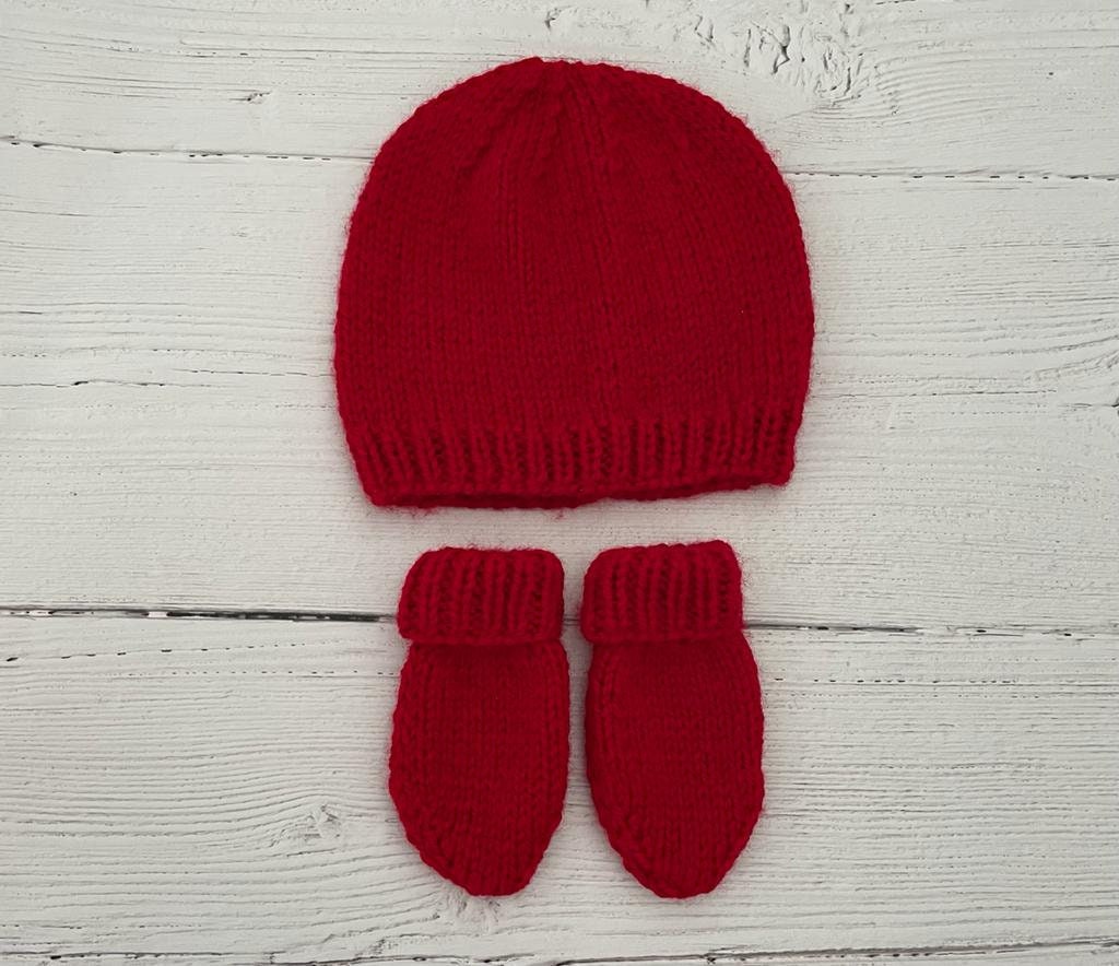 Red knitted baby hat and mittens-newborn or 0-3 months