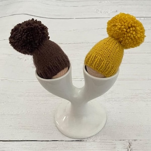 Mustard and brown knitted egg cosy set, house warming gift, stocking filler