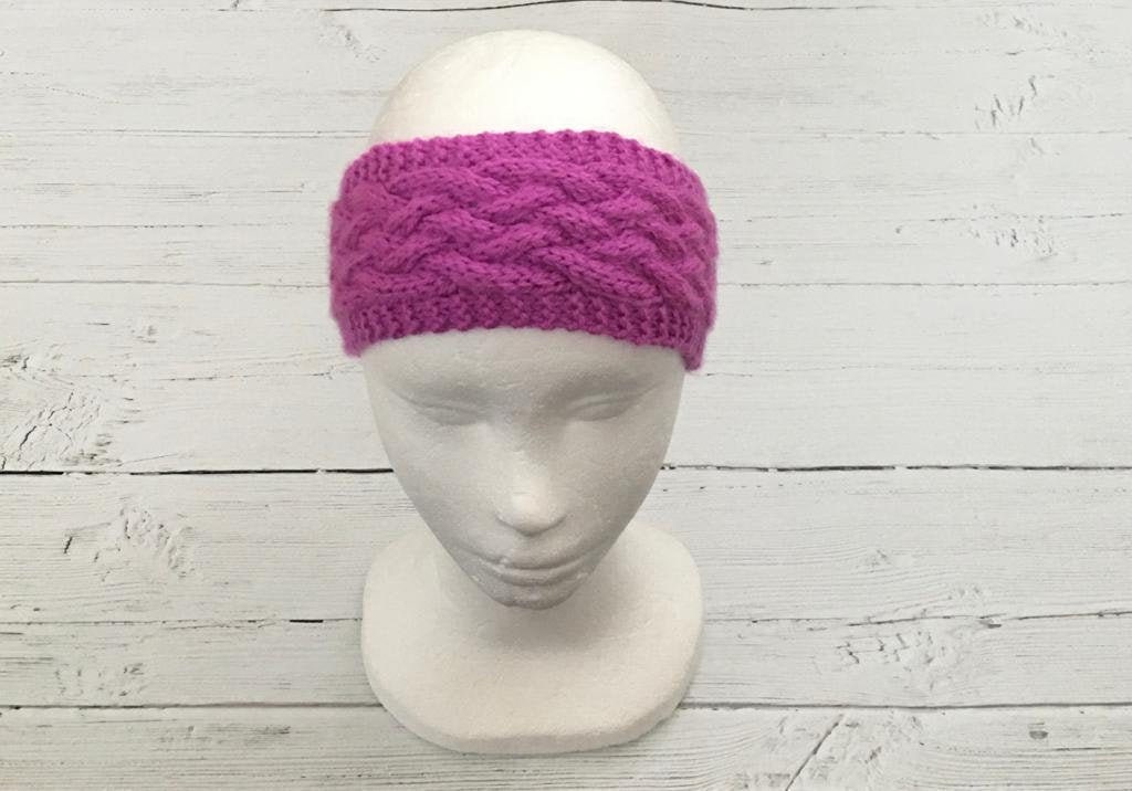 Women\'s Hand Knit Aran Cabled Headband Ear Warmer Knit Fuchsia Pink Nordic Vegan Women main image 4