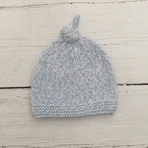 Blue knitted baby hat, baby top knot hat, newborn hat, first hat, baby boy gift, baby shower gift