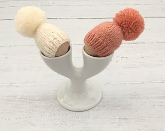 Set of knitted egg cosies, peach and cream, new home gift