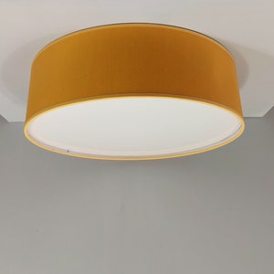 Handmade Drum Lampshadeе Flushmount Lamp In Mustard Yellow. Round Yellow Textile Lamp.Mustard Textile Lamp Shade Light Fabric Flushmount