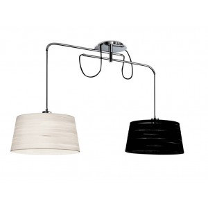 May include: A modern, chrome-finished ceiling light fixture with two hanging shades. One shade is white with a wood-grain texture, and the other is black with horizontal stripes.
