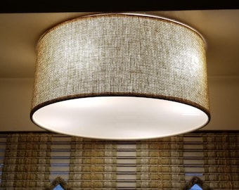 Handmade Drum Lampshade Flushmount. Round Yellow Textile Lamp.Mustard Textile Lamp Shade Light Yellow Fabric Flushmount Light. On Recquest