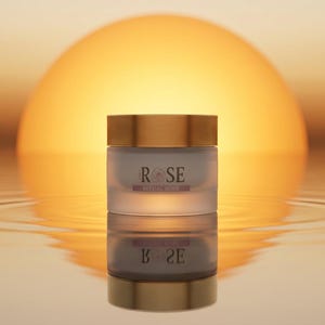 May include: A cylindrical cream jar with a frosted glass body and a metallic gold lid. The label on the front features the text ROSE in a dark font with a small rose icon between the letters, and the words PETAL ROSE printed below in smaller text.