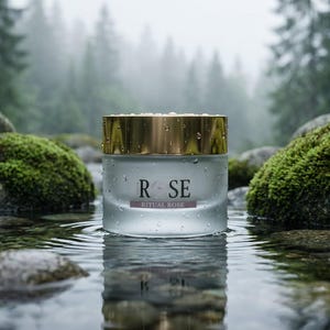 May include: A cylindrical glass jar with a gold lid, featuring the text "ROSE" and "RITUAL ROSE" on the front. The jar is covered in water droplets and sits in shallow water, surrounded by moss-covered rocks in a misty forest setting.