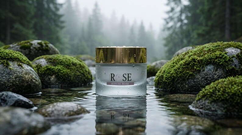 May include: A cylindrical glass jar with a gold lid, featuring the text "ROSE" and "RITUAL ROSE" on the front. The jar is covered in water droplets and sits in shallow water, surrounded by moss-covered rocks in a misty forest setting.
