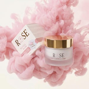 May include: A frosted glass cosmetic jar with a gold lid and a matching white cardboard box, both labelled with the text ROSE RITUAL ROSE, surrounded by a cloud of swirling pink ink that creates a soft, ethereal visual effect around the products.