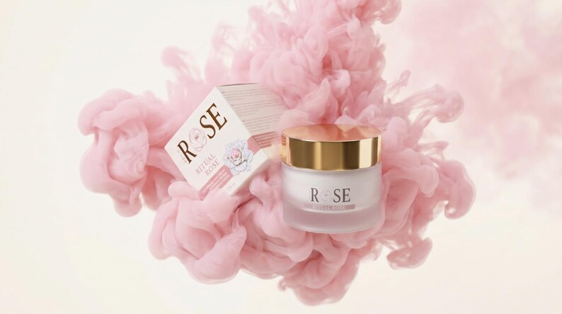 May include: A frosted glass cosmetic jar with a gold lid and a matching white cardboard box, both labelled with the text ROSE RITUAL ROSE, surrounded by a cloud of swirling pink ink that creates a soft, ethereal visual effect around the products.