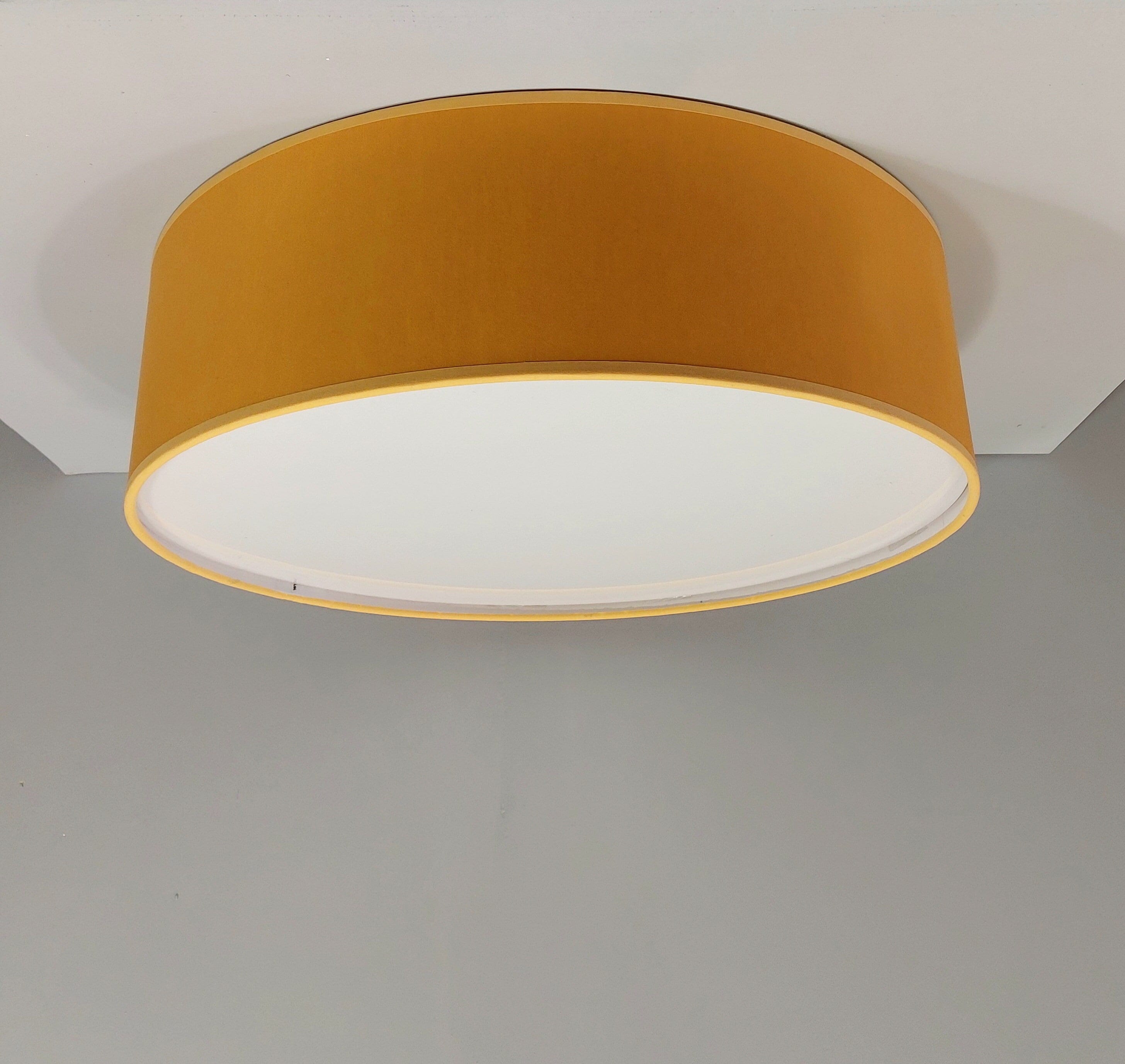 Handmade Drum Lampshadeе Flushmount full complect lamp with E26/E27 lampholders, Lamp In Mustard Yellow.Round Textile Lamp.With PVC difusser