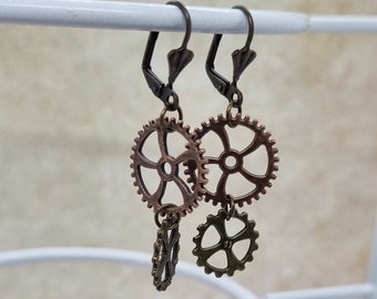 Steampunk Hängeohrringe Zahnrad "Bronze-Kupfer-Duo" mit bronze Brisure ZB1BB