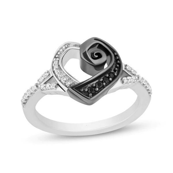 Enchanted Disney Treasures The Nightmare Before Christmas Rings For Women Round-Cut Black & White Diamond Heart-shape Engagement Rings Love