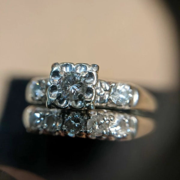 1890 Era Edwardian Art Deco Round Diamond Vintage-style Engagement Ring Set Victorian Art Deco Rings in Sterling Silver Antique Wedding Band