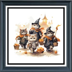 May include: Four adorable kittens dressed as witches with pointy hats and orange scarves, carrying pumpkins and walking in a line. They are on a white background with a castle in the distance.