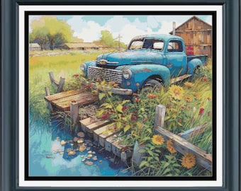 Op de afbeelding: Een vintage blauwe pick-up truck geparkeerd op een houten dok met uitzicht op een vijver. De truck is omgeven door weelderig groen gras en wilde bloemen.