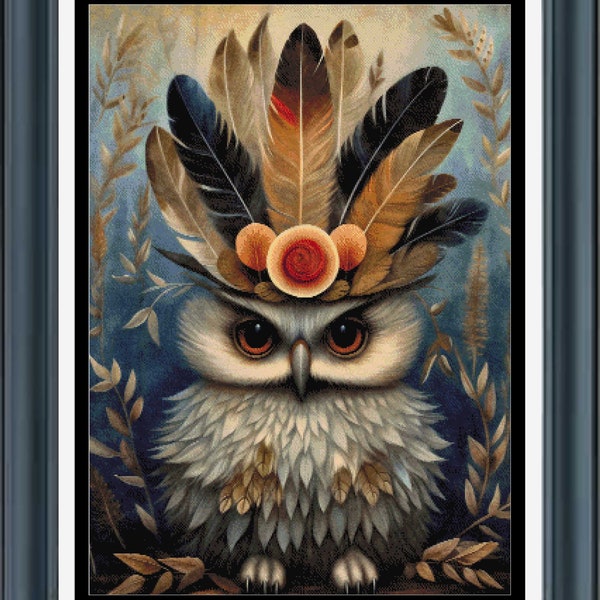 PDF counted cross stitch pattern - Boho Prairie Animals Owl. Printable instant digital download. Pattern Keeper app compatible.