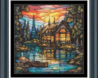 Stained Glass Cabin by the Lake cross stitch chart - pdf - instant download