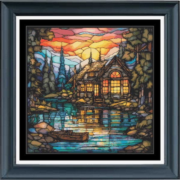Stained Glass Cabin by the Lake cross stitch chart - pdf - instant download