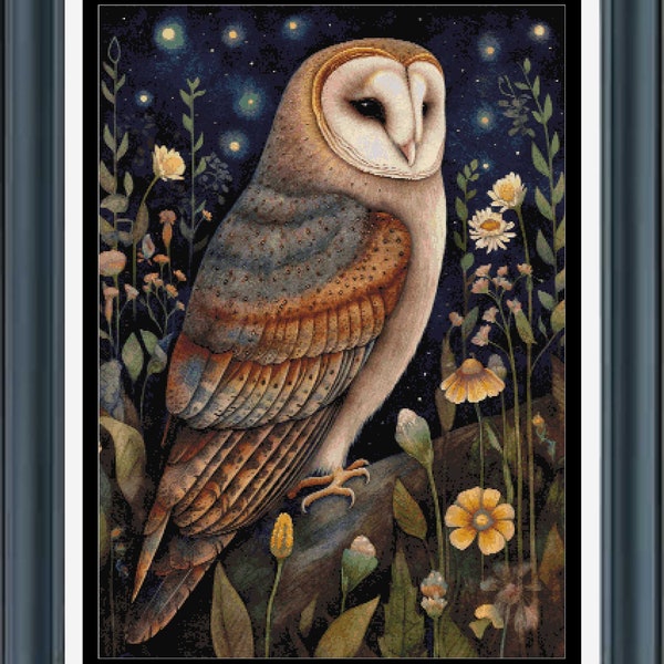 PDF counted cross stitch pattern - Midnight Animals - Owl. Printable instant digital download. Pattern Keeper compatible.