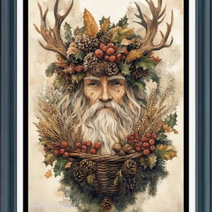 May include: A watercolour painting of a bearded man with antlers and a wreath of autumn leaves, berries, and pine cones. He is wearing a long white beard and has a basket of nuts and berries in front of him.