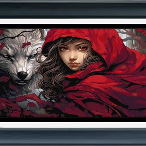 May include: A woman with long dark hair wearing a red hooded cloak stands next to a white wolf. The wolf has a fierce expression and is looking directly at the viewer. The woman's eyes are wide and she is looking off to the side. The background is a dark forest with red leaves.