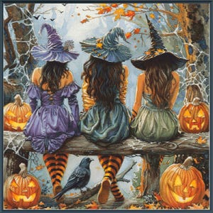 May include: An illustration of three figures wearing pointed witch hats and dresses in purple, blue, and green, sitting on a log. They wear orange and black striped stockings. Three jack-o'-lanterns and a black crow are visible in the scene.