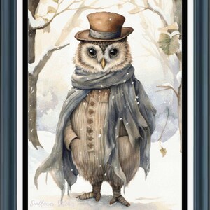 May include: A watercolour painting of an owl wearing a top hat and a scarf, standing in a snowy woodland. The owl is looking directly at the viewer. The painting is signed "Sunflower Stitches".