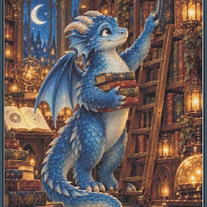 May include: A blue dragon with white horns and scales stands in a library, holding a stack of books while reaching for another on a wooden ladder. The scene includes glowing lanterns, stacks of books, and a window showing a crescent moon.