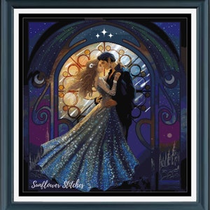 May include: A framed cross-stitch artwork depicts a couple embracing in front of a stained-glass window. The woman wears a sparkling blue gown, and the man is in a black suit. The background features a night sky with stars and a castle silhouette. The text "Sunflower Stitches" is at the bottom.