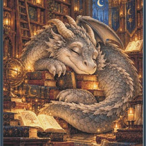 Puede incluir: Una ilustración detallada de un dragón gris claro con escamas texturizadas durmiendo plácidamente sobre una gran pila de libros antiguos en una biblioteca con poca luz. La escena incluye velas encendidas, un globo terráqueo dorado y libros.