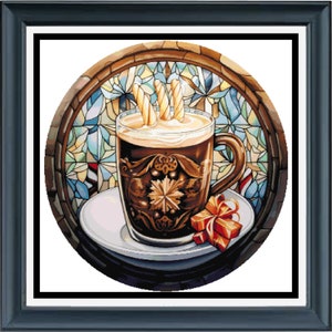 PDF counted cross stitch pattern - Stained Glass Christmas Coffee. Printable instant digital download. Pattern Keeper app compatible.
