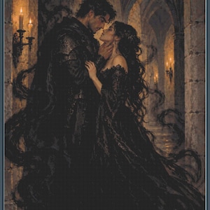 May include: A cross-stitch pattern depicting a couple in a stone corridor. A person in dark armor and a cloak stands facing a person in a long, flowing black lace gown. The scene is illuminated by wall-mounted candles in a dim, gothic setting.