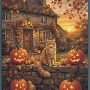 May include: A painting of a ginger cat sitting on a stone wall in front of a stone cottage during autumn. Several carved jack-o'-lanterns with glowing faces are arranged on the wall and ground, surrounded by fallen orange and red maple leaves.