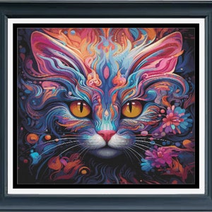 PDF counted cross stitch pattern - Neon Cat. Printable instant digital download. Pattern Keeper app compatible.