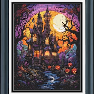 PDF counted cross stitch pattern - Stained Glass Haunted House. Printable instant digital download. Pattern Keeper compatible.