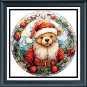 PDF counted cross stitch pattern - Stained Glass Christmas Bear. Printable instant digital download. Pattern Keeper app compatible.