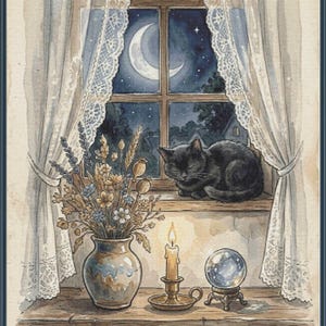 Peut inclure: Une illustration à l'aquarelle d'un chat noir dormant sur un rebord de fenêtre la nuit. Un croissant de lune brille à travers la fenêtre. Sur le rebord se trouvent un vase en céramique avec des fleurs séchées, une bougie allumée et une boule de cristal.