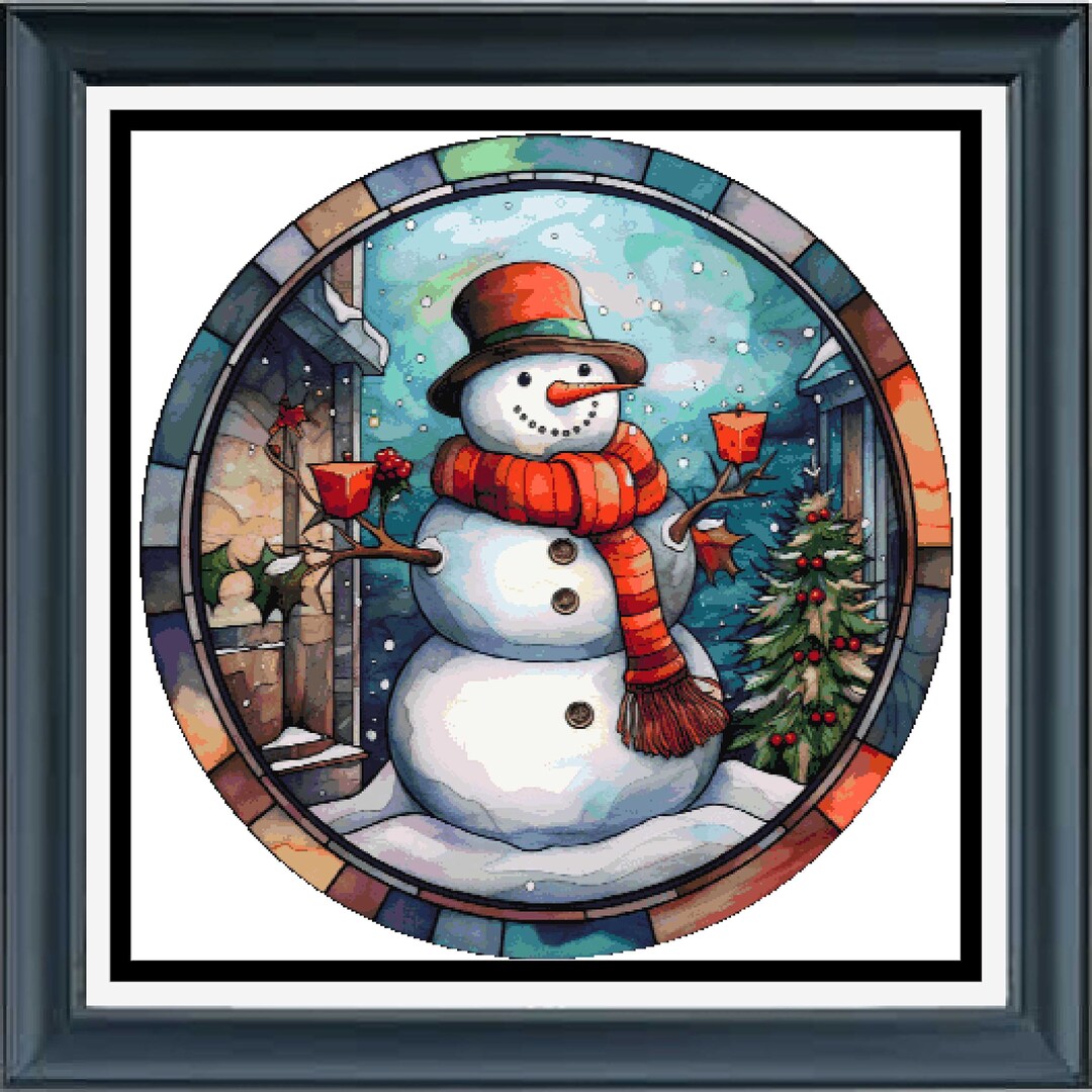 PDF Counted Cross Stitch Pattern Stained Glass Snowman. Printable