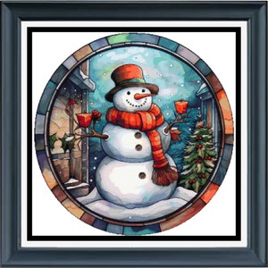 PDF counted cross stitch pattern - Stained Glass Snowman. Printable instant digital download. Pattern Keeper app compatible.
