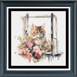 Flauschige Katze auf Fensterbank Kreuzstichvorlage - PDF - direkter Download
