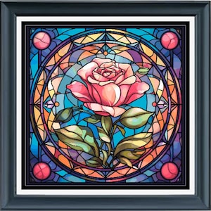 PDF counted cross stitch pattern - Stained Glass Rose Birth Month June. Printable digital download. Pattern Keeper compatible.