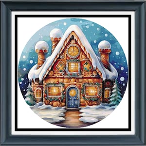PDF counted cross stitch pattern - Stained Glass Christmas Cottage. Printable instant digital download. Pattern Keeper app compatible.