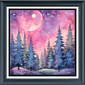 PDF counted cross stitch pattern - Starry Night Forest. Printable instant digital download. Pattern Keeper compatible.